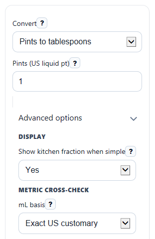 Example inputs for Pints to Tablespoons Converter