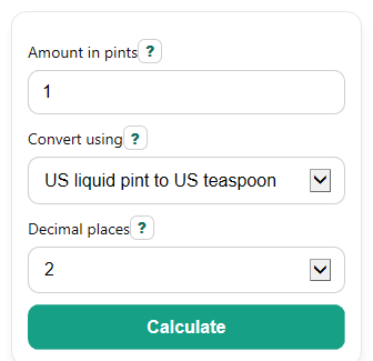 Example inputs for Pints to Teaspoons Converter