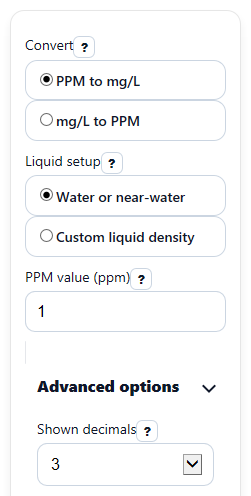 Example inputs for PPM to mg/L Converter