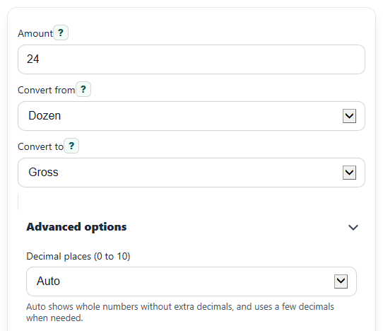 Example inputs for Quantity Converter