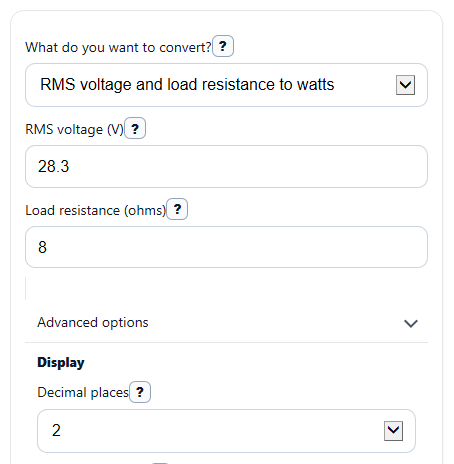 Example inputs for RMS to Watts Converter