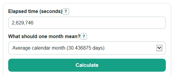 Example inputs for Seconds to Months Converter