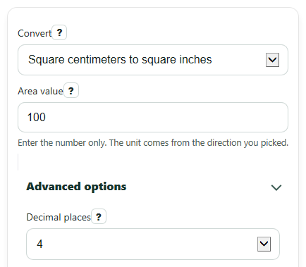 Example inputs for Square Centimeters to Square Inches Converter