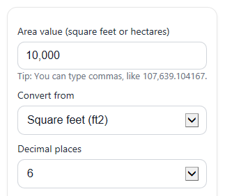 Example inputs for Square Feet to Hectares Converter