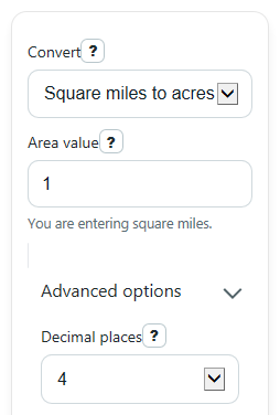 Example inputs for Square Miles to Acres Converter