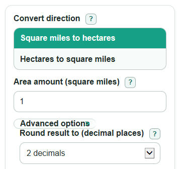 Example inputs for Square Miles to Hectares Converter