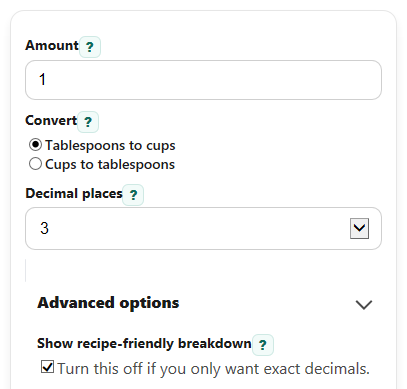 Example inputs for Tablespoons to Cups Converter