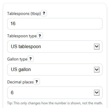 Example inputs for Tablespoons to Gallons Converter