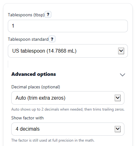 Example inputs for Tablespoons to mL Converter