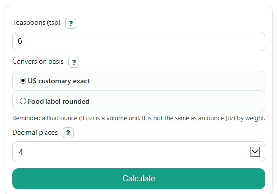 Example inputs for Teaspoons to Fluid Ounces Converter