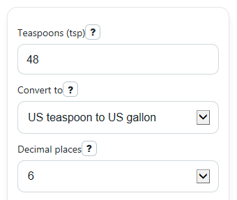 Example inputs for Teaspoons to Gallons Converter