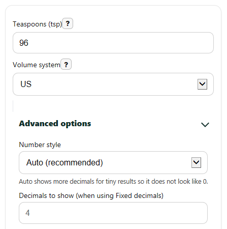 Example inputs for Teaspoons to Pints Converter