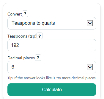 Example inputs for Teaspoons to Quarts Converter