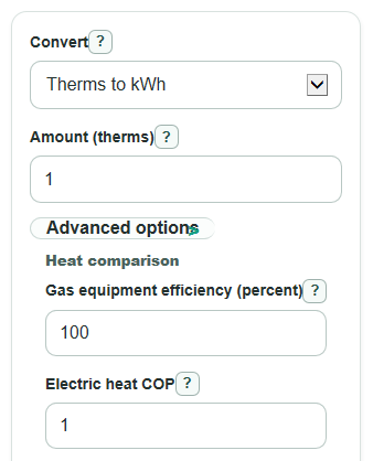 Example inputs for Therms to kWh Converter