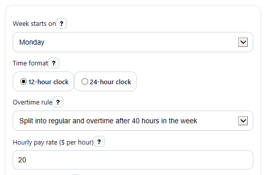 Example inputs for Time Clock Calculator