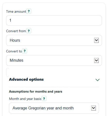 Example inputs for Time Unit Converter
