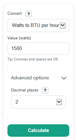 Example inputs for Watts to BTU per Hour Converter
