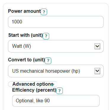 Example inputs for Watts to Horsepower Converter