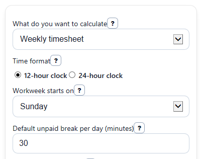 Example inputs for Work Hours Calculator