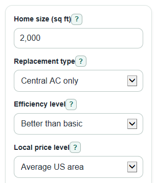 Example inputs for AC Replacement Cost Calculator