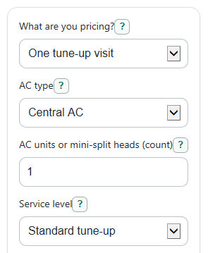 Example inputs for AC Tune Up Cost Calculator