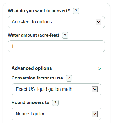 Example inputs for Acre Feet to Gallons Converter