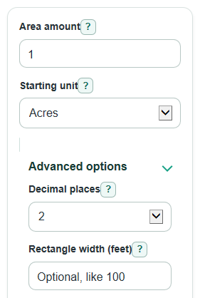 Example inputs for Acres to Square Feet and Square Yards Converter