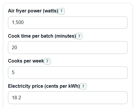 Example inputs for Air Fryer Running Cost Calculator