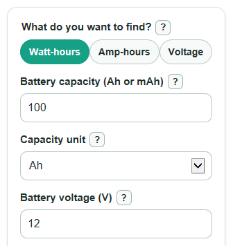 Example inputs for Amp Hours to Watt Hours Calculator