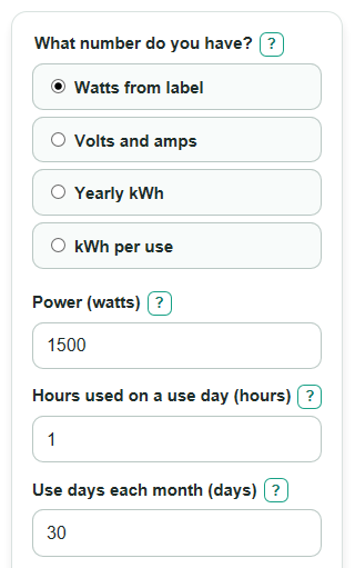 Example inputs for Appliance Energy Cost Calculator