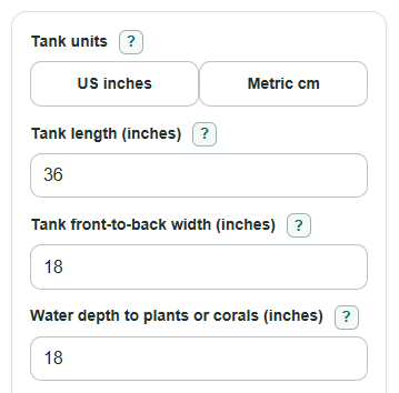 Example inputs for Aquarium Lighting Calculator