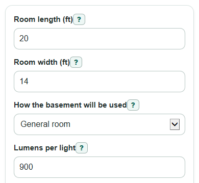 Example inputs for Basement Lighting Calculator