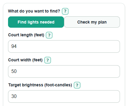 Example inputs for Basketball Court Lighting Calculator
