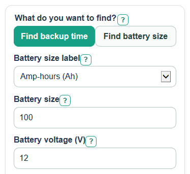 Example inputs for Battery Backup Calculator
