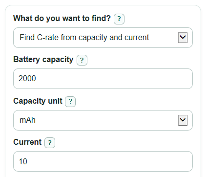 Example inputs for Battery C Rating Calculator