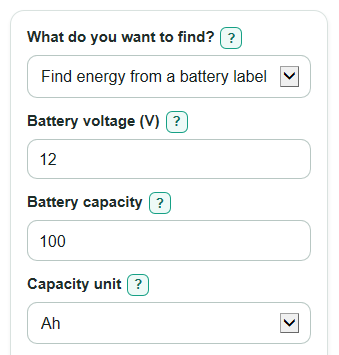 Example inputs for Battery Energy Calculator