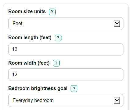 Example inputs for Bedroom Lighting Calculator