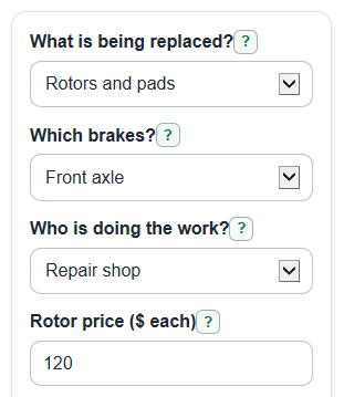 Example inputs for Brake Rotor Replacement Cost Calculator