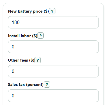 Example inputs for Car Battery Replacement Cost Calculator