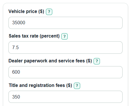 Example inputs for Car Dealer Fee Calculator
