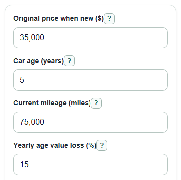 Example inputs for Car Depreciation by Mileage Calculator