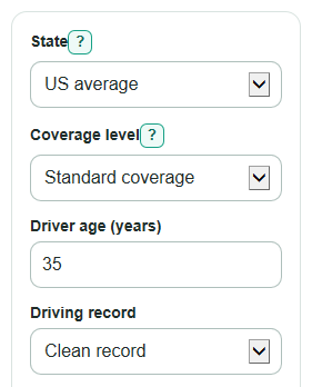 Example inputs for Car Insurance Estimate Calculator