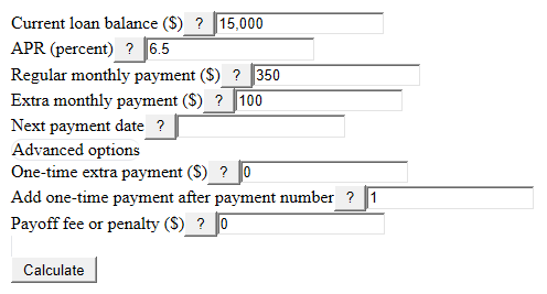 Example inputs for Car Loan Early Payoff Calculator