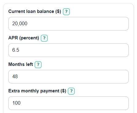 Example inputs for Car Loan Prepayment Calculator