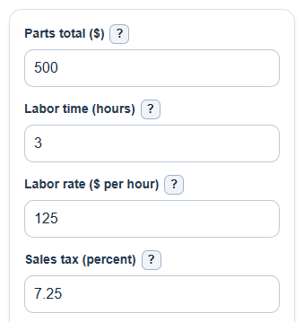 Example inputs for Car Repair Cost Calculator