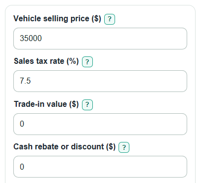 Example inputs for Car Sales Tax Calculator