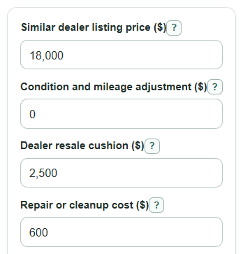 Example inputs for Car Trade-In Value Calculator