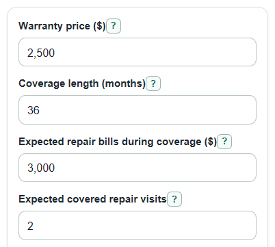 Example inputs for Car Warranty Cost Calculator
