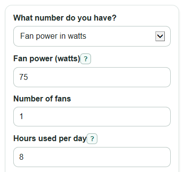Example inputs for Ceiling Fan Running Cost Calculator