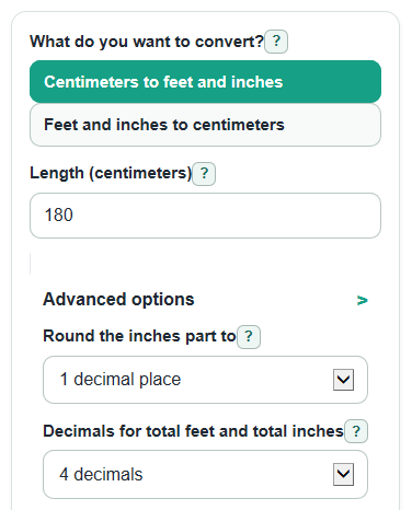 Example inputs for Centimeters to Feet and Inches Converter